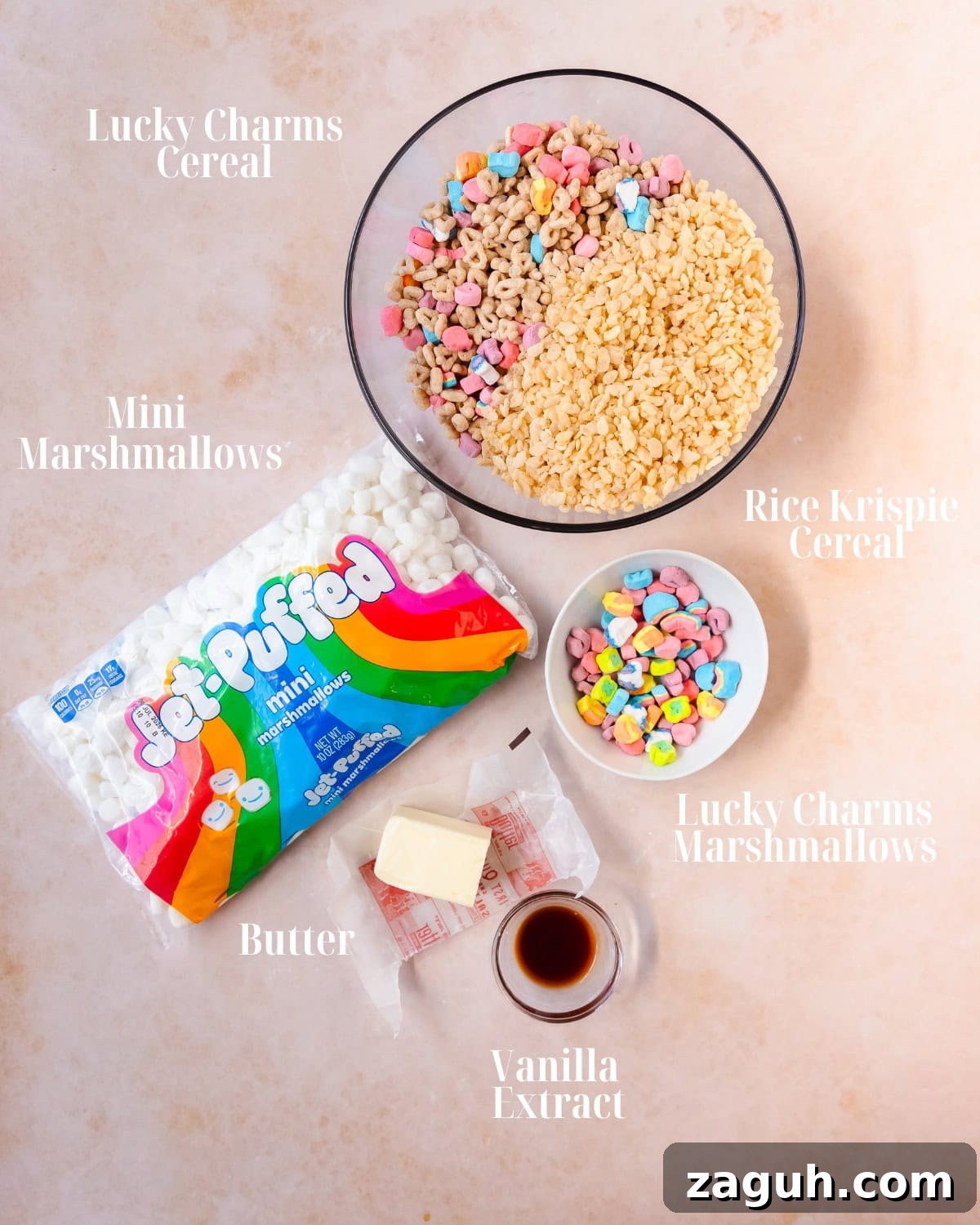 Lucky Charms Rice Krispie Treats Recipe — Colorful Marshmallow Squares 3 Gather Lucky Charms cereal, Rice Krispie cereal, mini marshmallows, butter, vanilla extract and salt.
