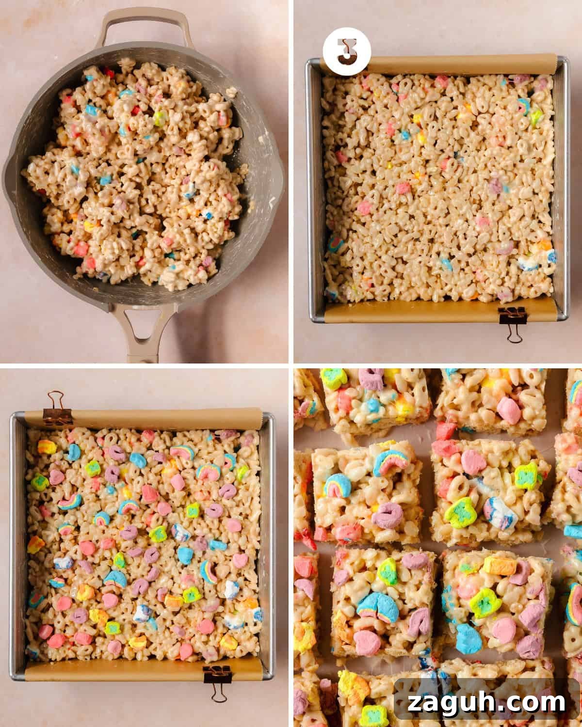 Lucky Charms Rice Krispie Treats Recipe — Colorful Marshmallow Squares 6 Finished Lucky Charms Rice Krispie treats set in pan and sliced.
