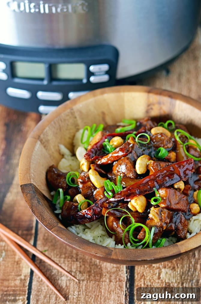 Slow-Cooker Kung Pao Chicken Recipe: Spicy, Sticky, and Savory 3 Crock Pot Kung Pao Chicken. This is so delicious, and easy to throw together! You can adjust the spice level to suit your own tastes, and add in more vegetables if you'd like. All made in the slow cooker.