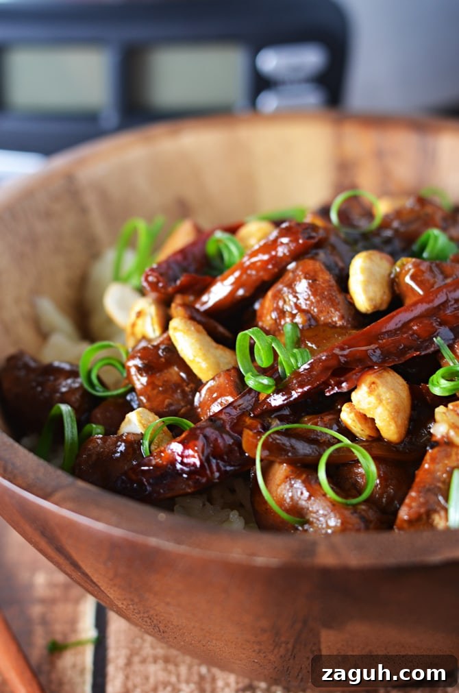 Slow-Cooker Kung Pao Chicken Recipe: Spicy, Sticky, and Savory 4 Crock Pot Kung Pao Chicken. This is so delicious, and easy to throw together! You can adjust the spice level to suit your own tastes, and add in more vegetables if you'd like. All made in the slow cooker.
