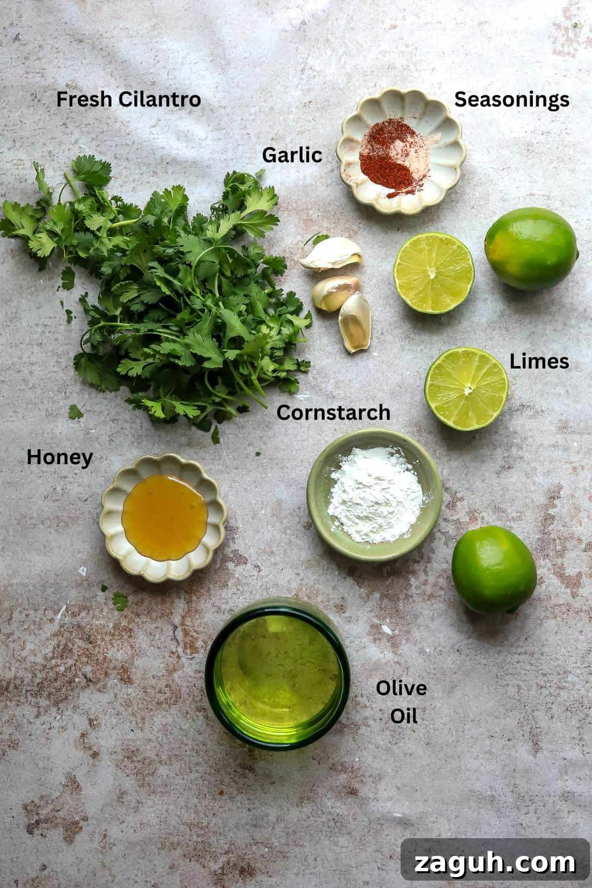 Cilantro Lime Chicken Marinade for Juicy Grilled Chicken 3 Overhead photo of ingredients in small dishes.
