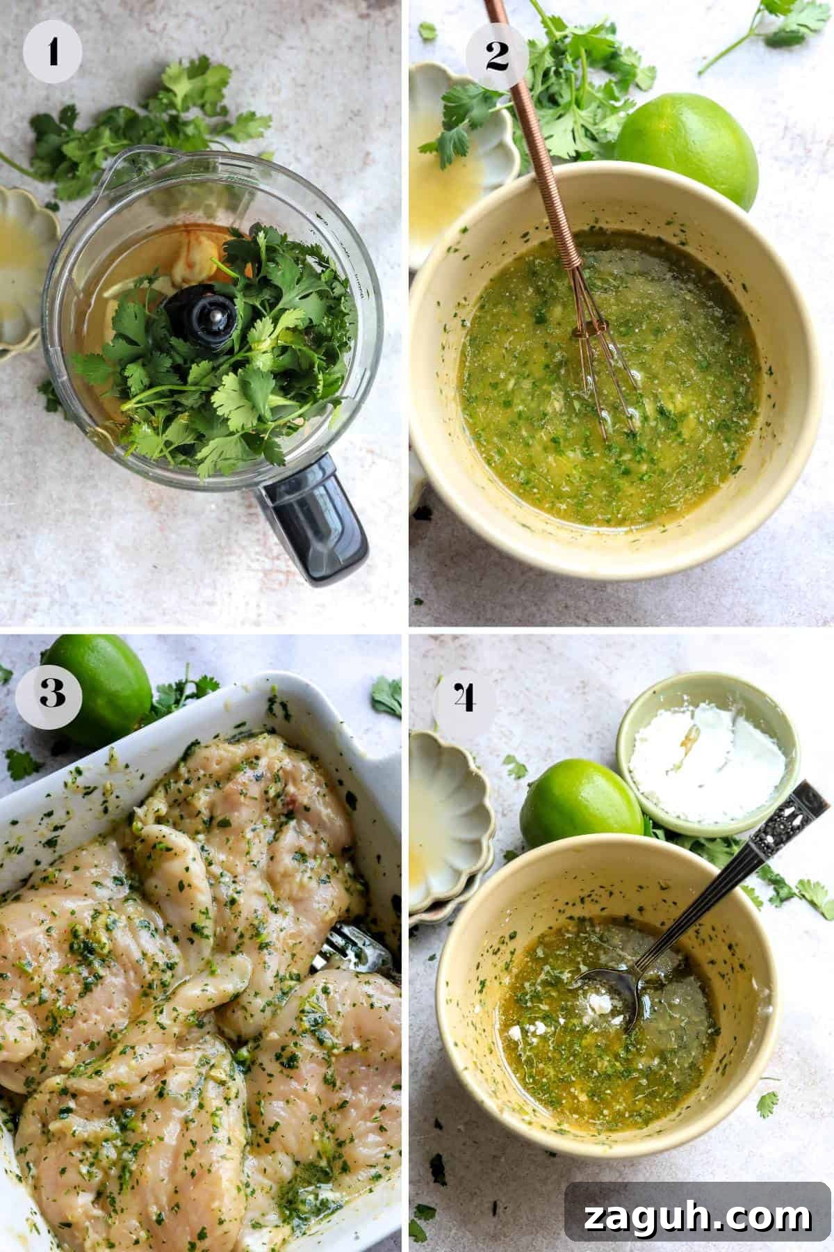 Cilantro Lime Chicken Marinade for Juicy Grilled Chicken 4 Small food processor and bowls showing how to make the recipe.