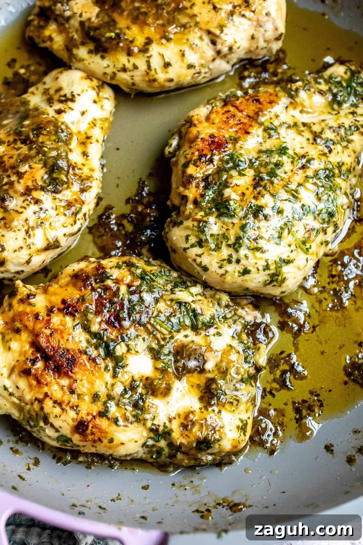Cilantro Lime Chicken Marinade for Juicy Grilled Chicken 5 Up close photo of Cilantro and Lime Chicken Marinade in a skillet.
