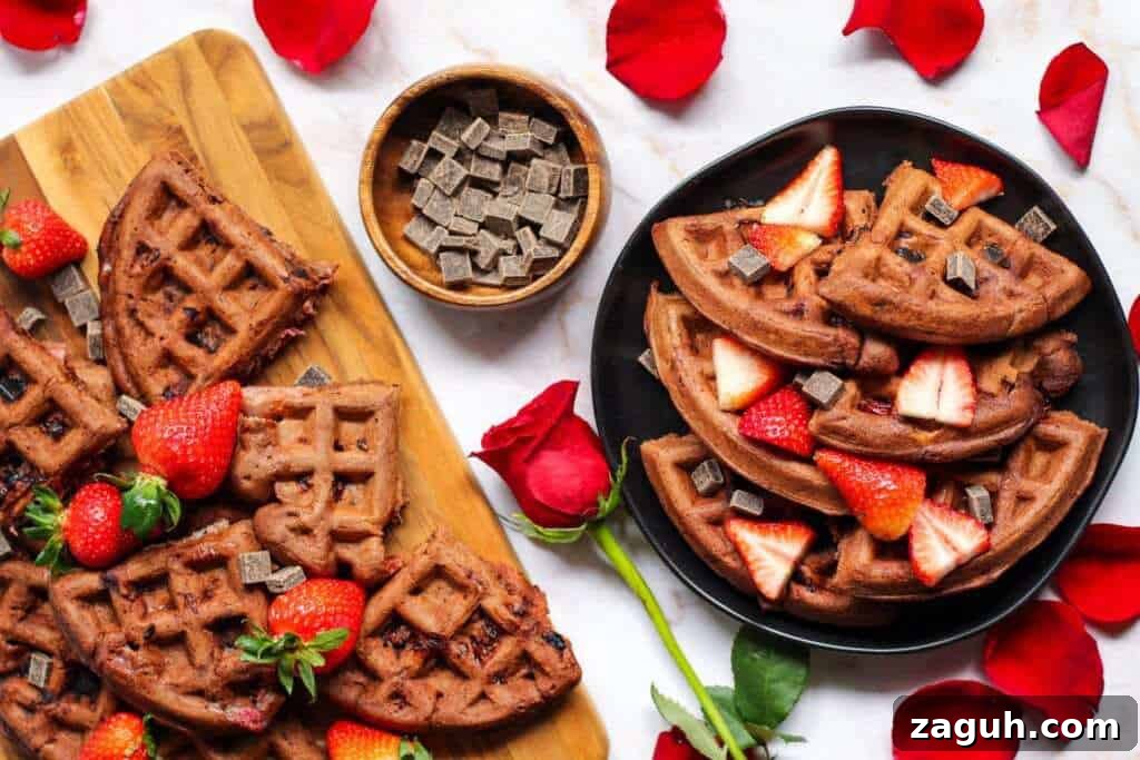 Strawberry Waffles with Dark Chocolate Chunks 3 Overhead shot of double dark chocolate strawberry waffles topped with chocolate chunks and sliced strawberries