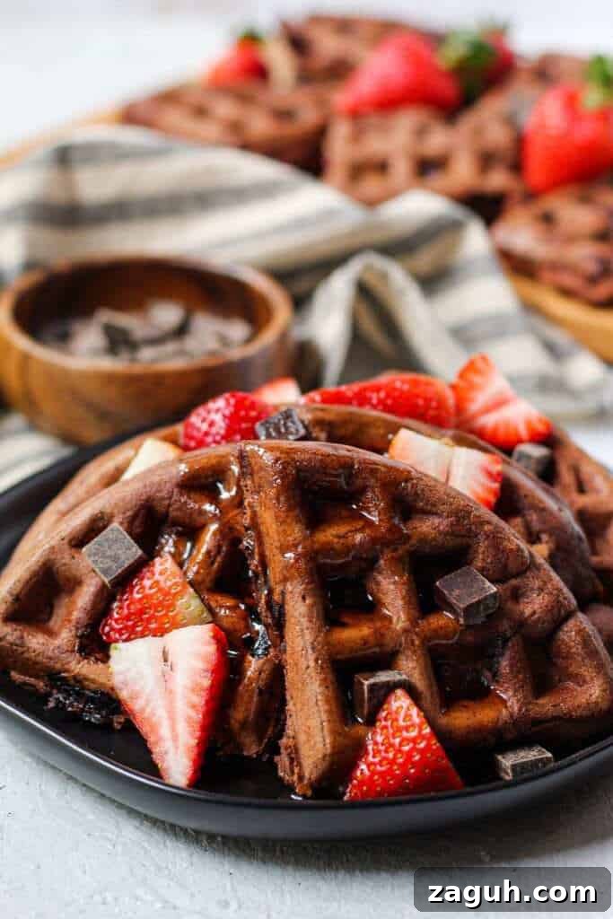 Strawberry Waffles with Dark Chocolate Chunks 4 Side view of dark chocolate strawberry waffles with syrup and strawberries