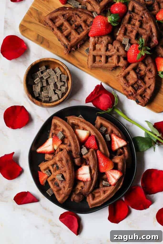 Strawberry Waffles with Dark Chocolate Chunks 5 Overhead shot of waffles topped with chocolate chunks and strawberries