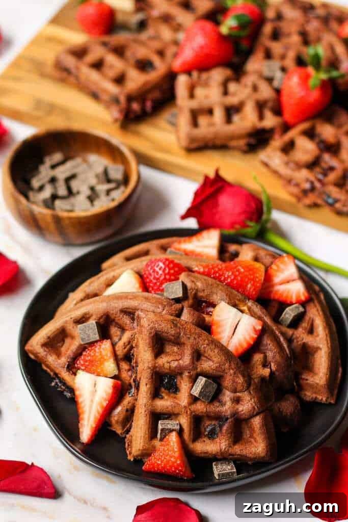 Strawberry Waffles with Dark Chocolate Chunks 6 Side angle shot of waffles with syrup and strawberries