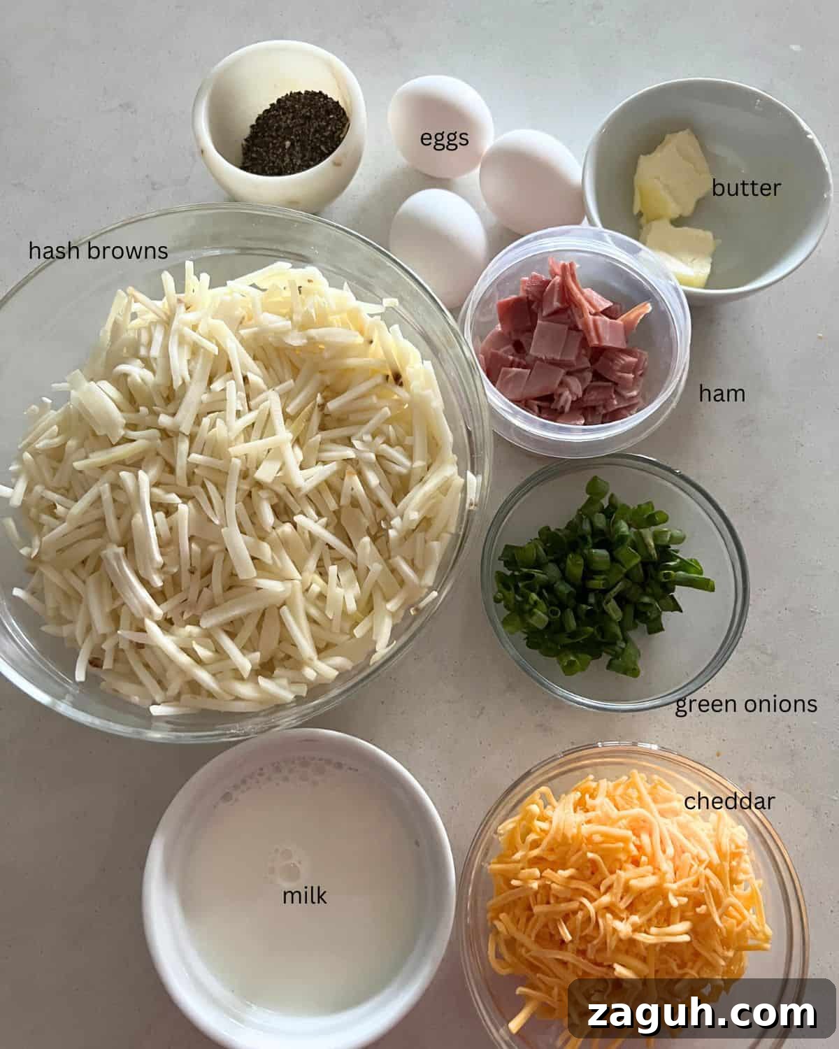 Paula Deen’s Cheesy Hash Brown Quiche Recipe 3 Ingredients needed for hash brown quiche.