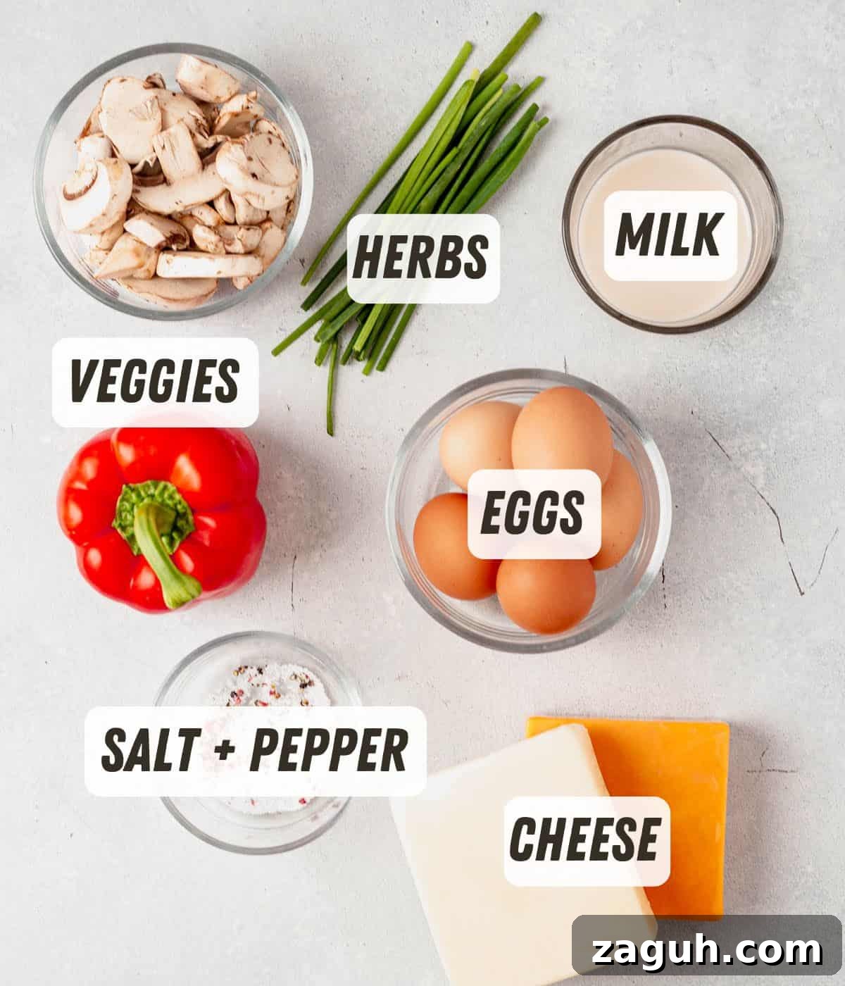 Perfectly Fluffy Scrambled Eggs in the Air Fryer 3 air fryer scrambled egg ingredients on a countertop