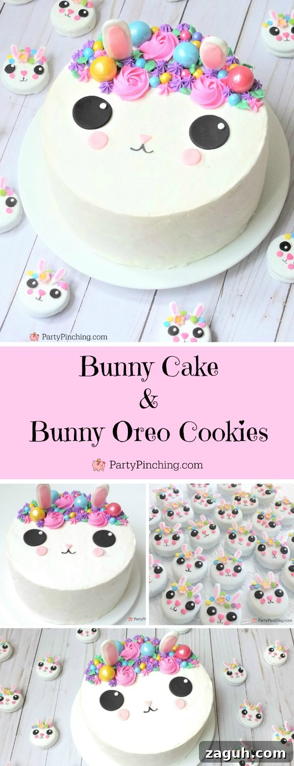 Bunny Cake and Bunny Oreo Cookies Recipe Tutorial 2 bunny cake, bunny cake with flower crown, cute kawaii bunny cake, fun easy bunny cake for Easter, sweet treats for kids, adorable rabbit cake, bunny cake with floral buttercream fondant, oreo bunny cookies, candy coated easter bunny cookies flower crown