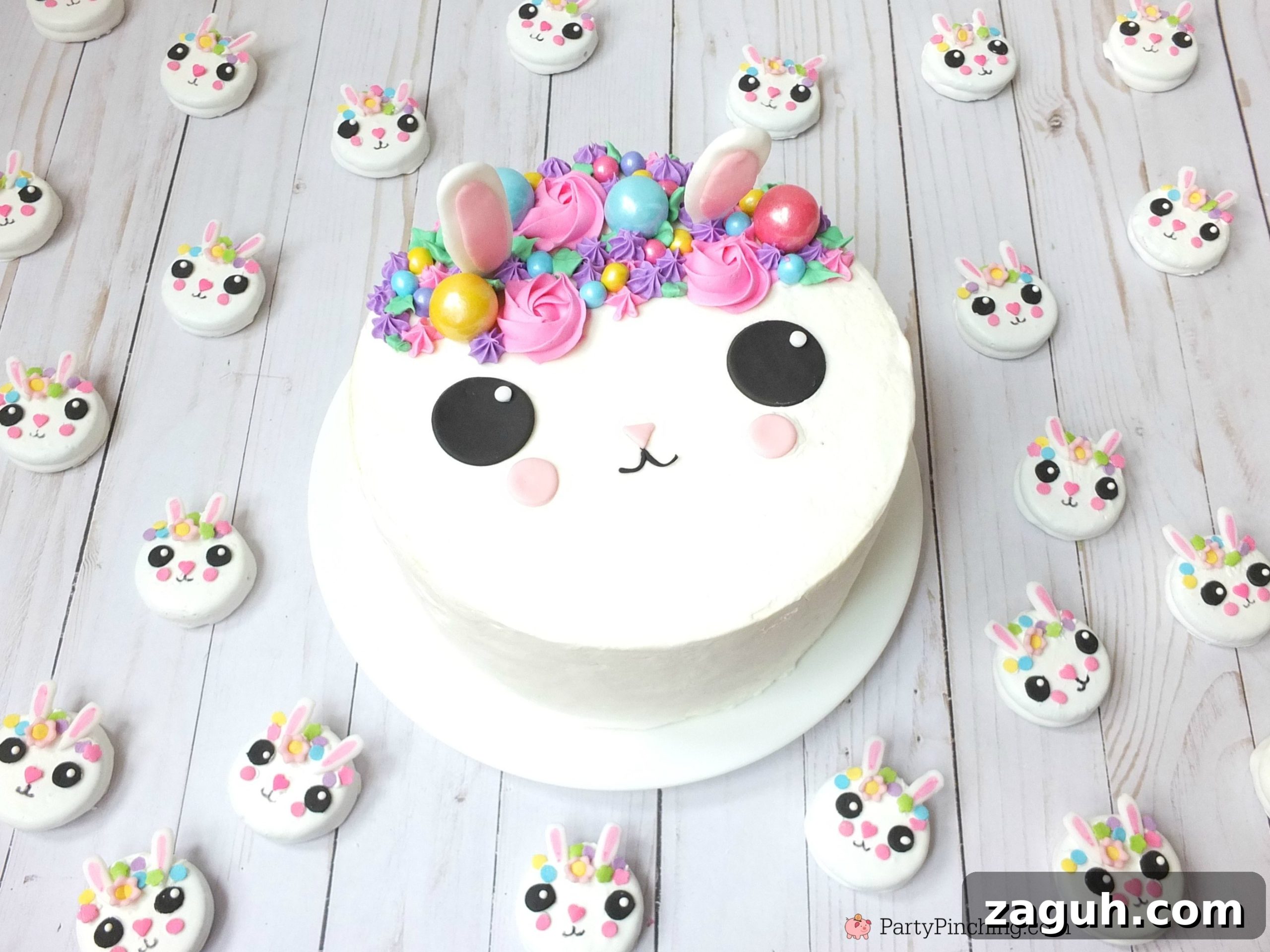 Bunny Cake and Bunny Oreo Cookies Recipe Tutorial 5 bunny cake, bunny cake with flower crown, cute kawaii bunny cake, fun easy bunny cake for Easter, sweet treats for kids, adorable rabbit cake, bunny cake with floral buttercream fondant, oreo bunny cookies, candy coated easter bunny cookies flower crown