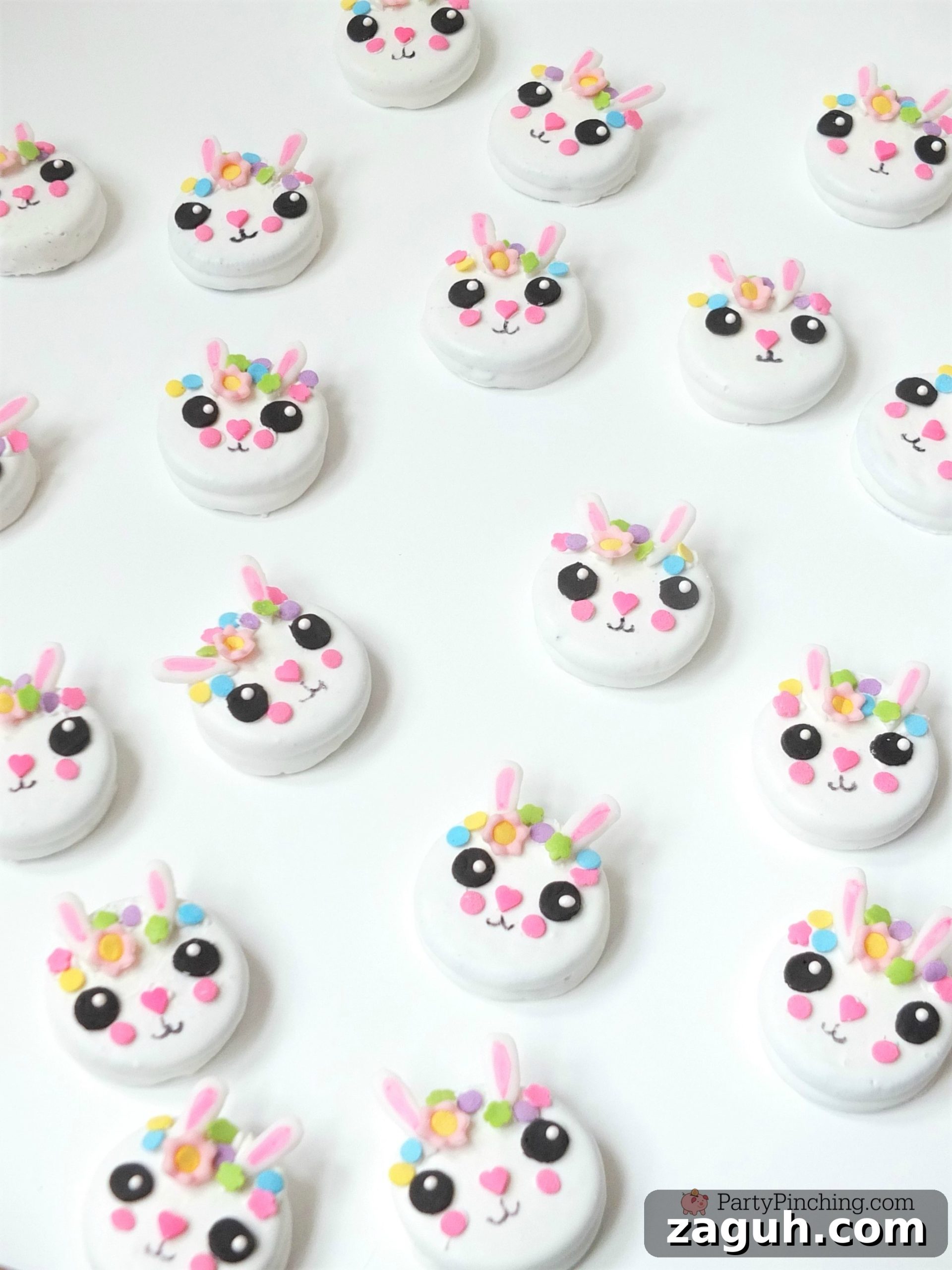 Bunny Cake and Bunny Oreo Cookies Recipe Tutorial 6 bunny cake, bunny cake with flower crown, cute kawaii bunny cake, fun easy bunny cake for Easter, sweet treats for kids, adorable rabbit cake, bunny cake with floral buttercream fondant, oreo bunny cookies, candy coated easter bunny cookies flower crown
