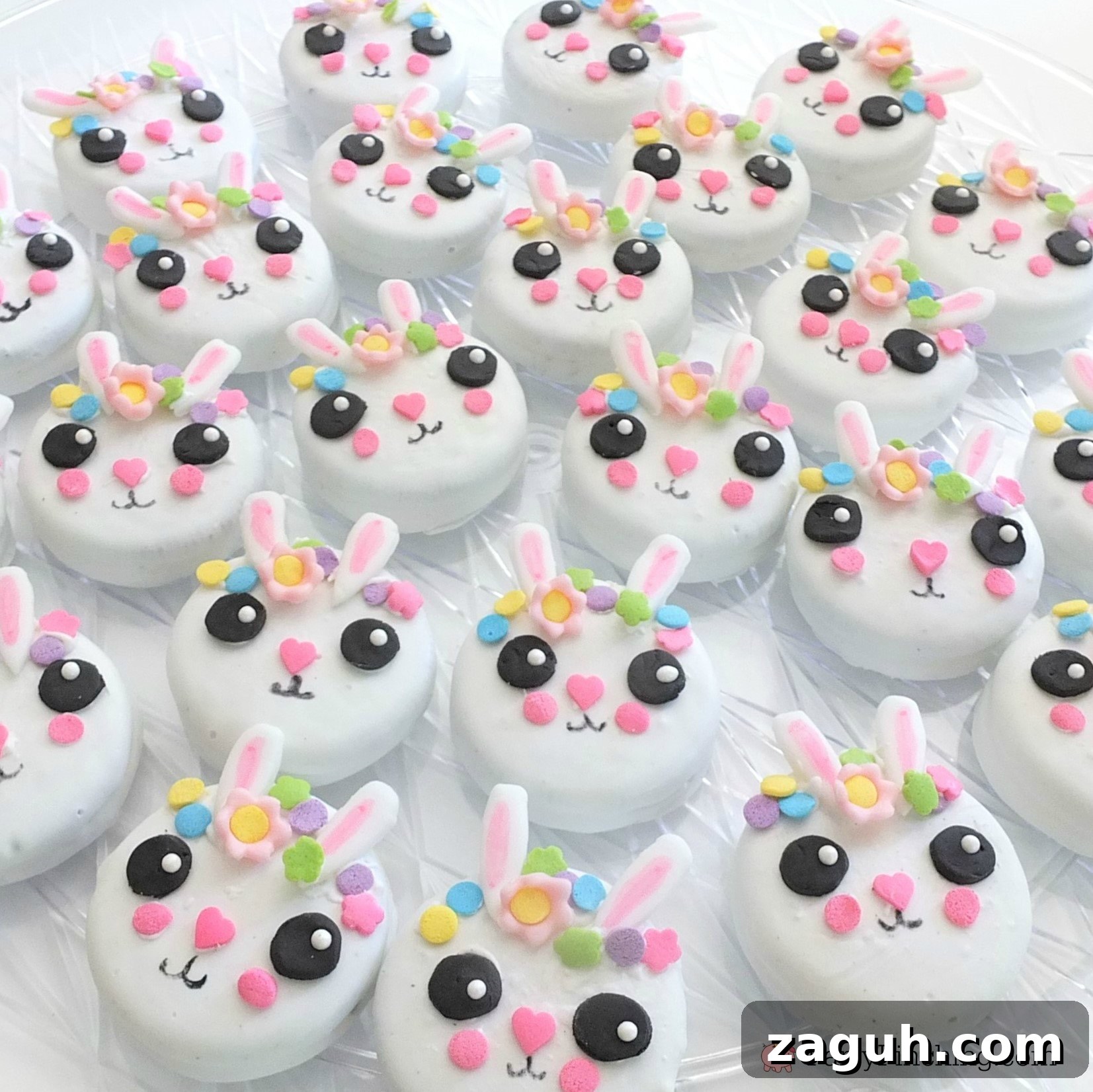 Bunny Cake and Bunny Oreo Cookies Recipe Tutorial 7 bunny oreos, bunny cookies, bunny cake, bunny cake with flower crown, cute kawaii bunny cake, fun easy bunny cake for Easter, sweet treats for kids, adorable rabbit cake, bunny cake with floral buttercream fondant, oreo bunny cookies, candy coated easter bunny cookies flower crown