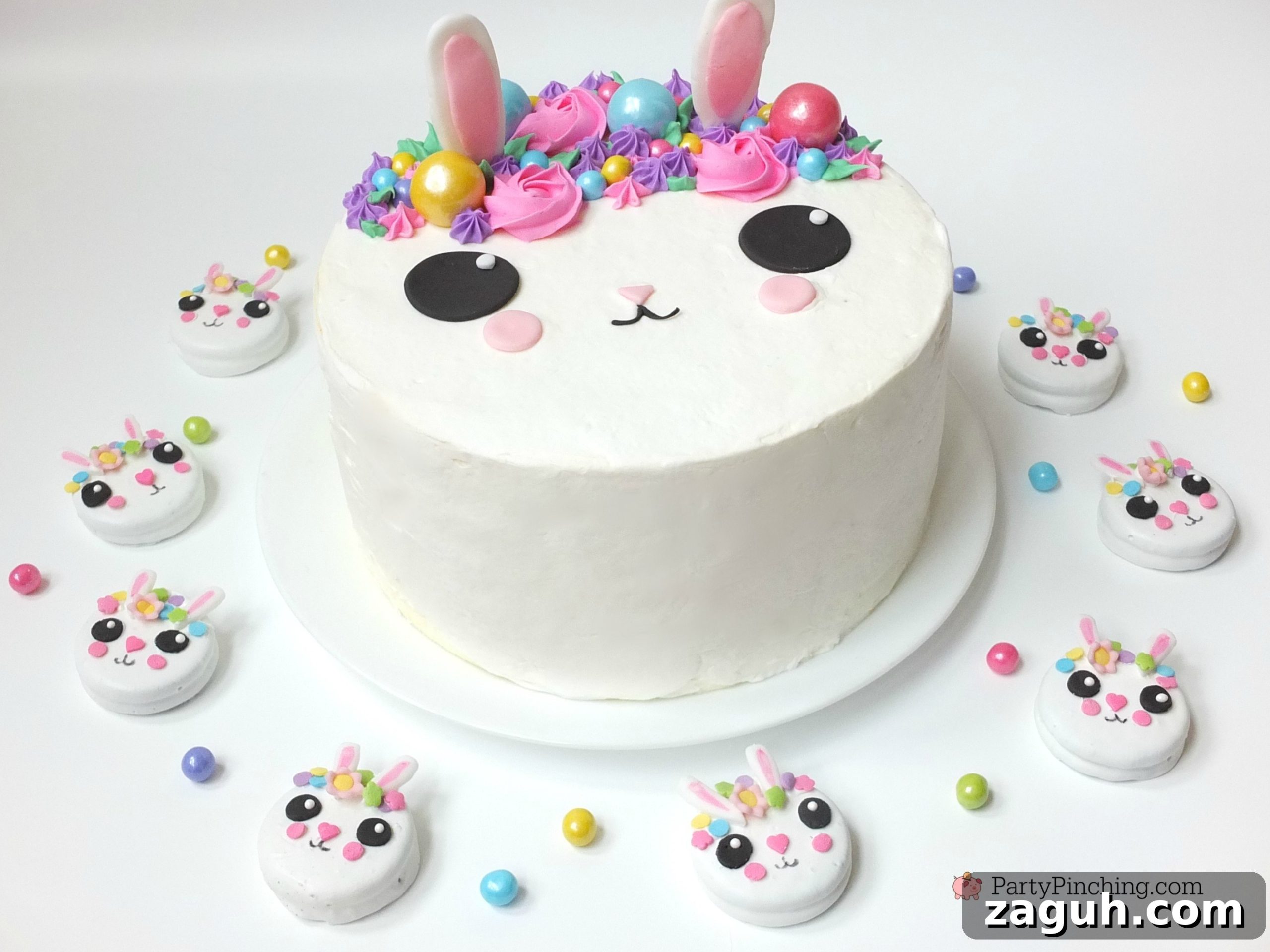 Bunny Cake and Bunny Oreo Cookies Recipe Tutorial 8 bunny cake, bunny cake with flower crown, cute kawaii bunny cake, fun easy bunny cake for Easter, sweet treats for kids, adorable rabbit cake, bunny cake with floral buttercream fondant, oreo bunny cookies, candy coated easter bunny cookies flower crown