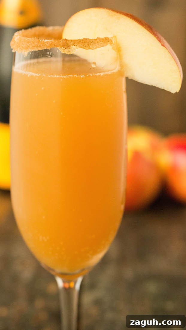 4 Fall Mimosa Recipes to Celebrate the Season 5 Apple cider mimosa in a champagne flute with a cinnamon sugar rim and apple slice.