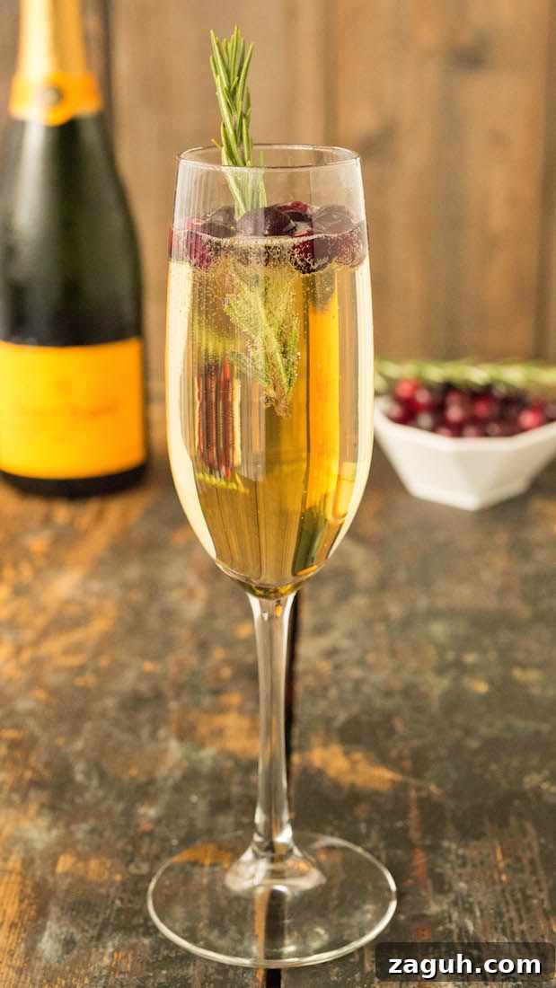 4 Fall Mimosa Recipes to Celebrate the Season 6 A White Grape Cranberry Mimosas in a champagne flute with rosemary sprig.