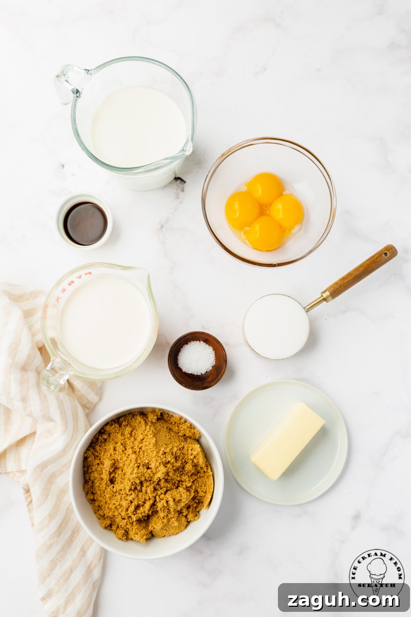 The ingredients in caramel ice cream, including egg yolks, brown sugar, and cream.
