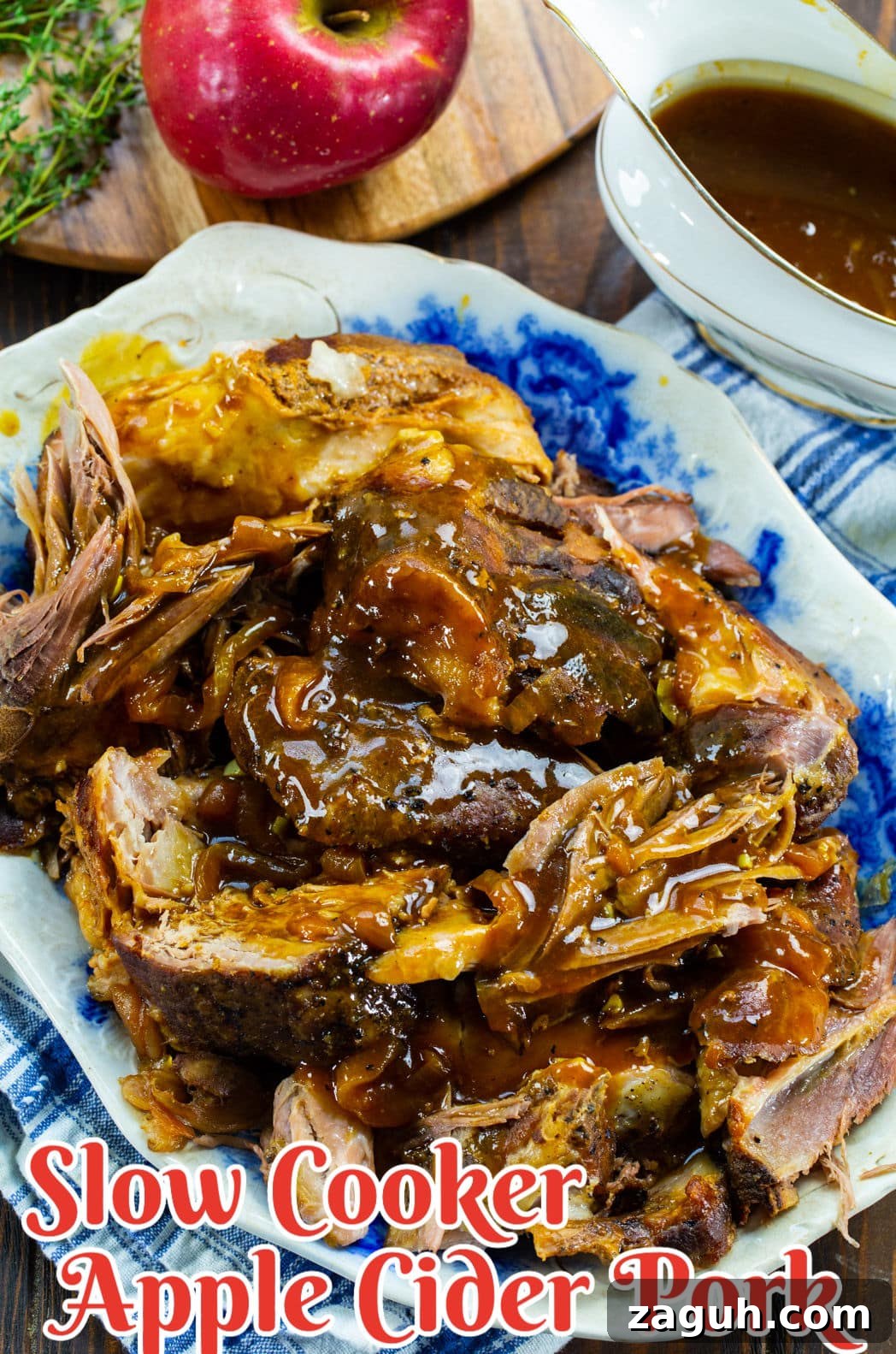 Slow Cooker Apple Cider Pulled Pork Recipe 4 Slow Cooker Pork on a serving plate.