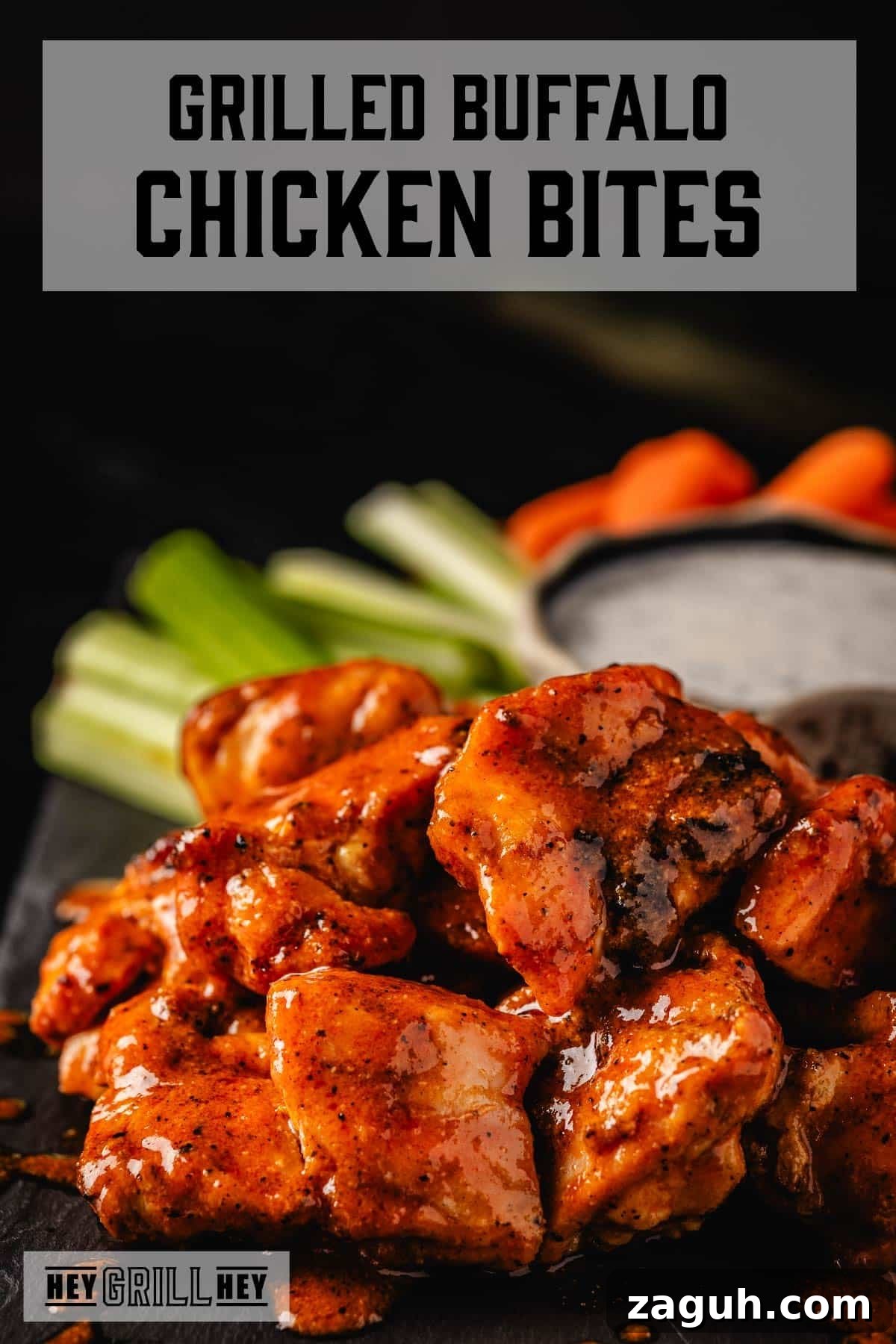 Grilled Buffalo Chicken Bites: Spicy BBQ Chicken Skewers 2 Grilled buffalo chicken bites next to carrot and celery sticks, and a bowl of ranch. Text reads 'Grilled Buffalo Chicken Bites.'