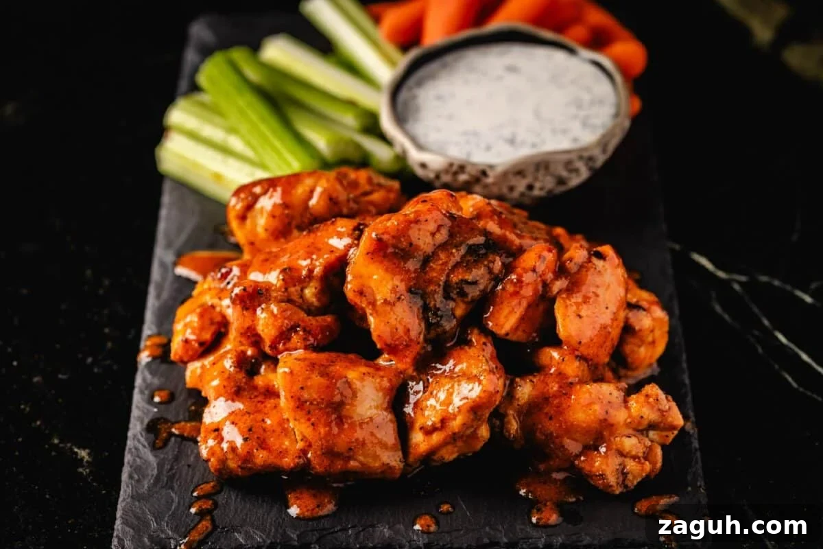 Grilled Buffalo Chicken Bites: Spicy BBQ Chicken Skewers 7 Grilled buffalo chicken bites next to carrot and celery sticks, and a bowl of ranch.