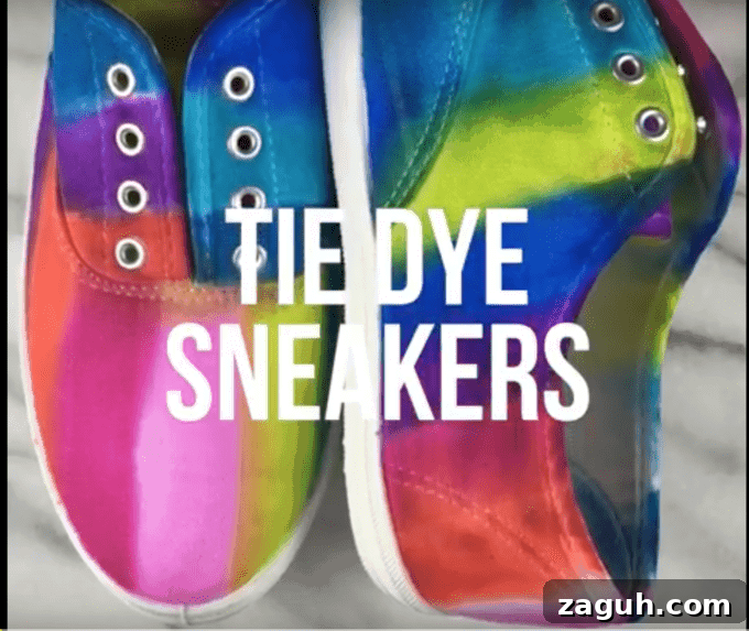 A close up of tie dye sneakers.