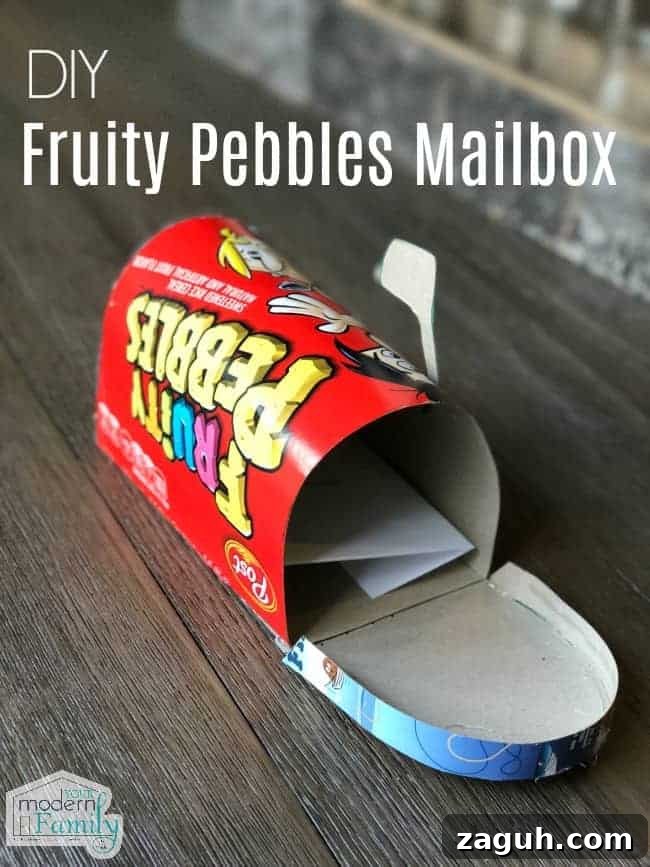 A mail box made out of a Fruity Pebbles cereal box.