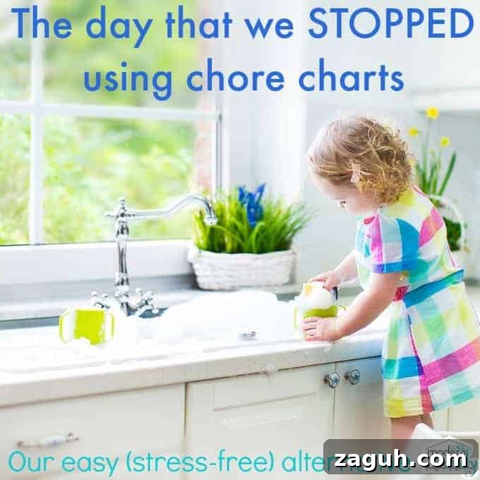A little girl doing dishes at the kitchen sink with text above her.