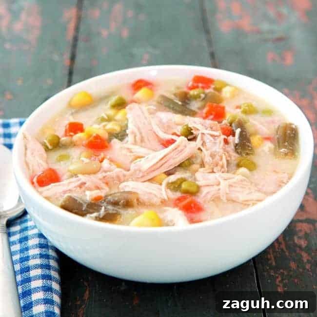 A bowl of chicken pot pie soup in a white bowl.