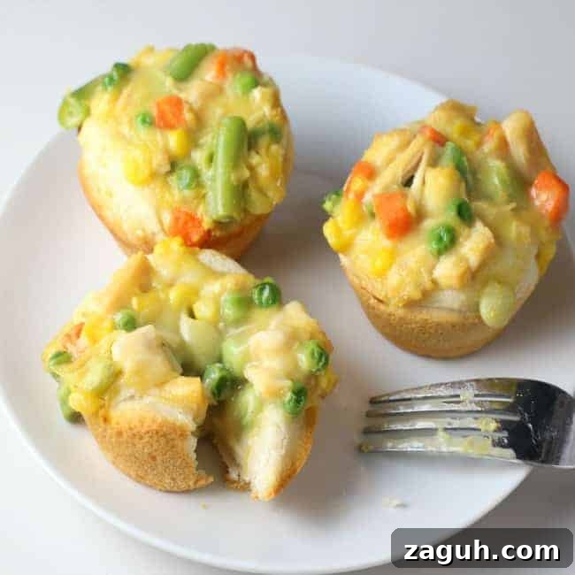 A plate of mini Chicken Pot Pie muffins on a white plate.