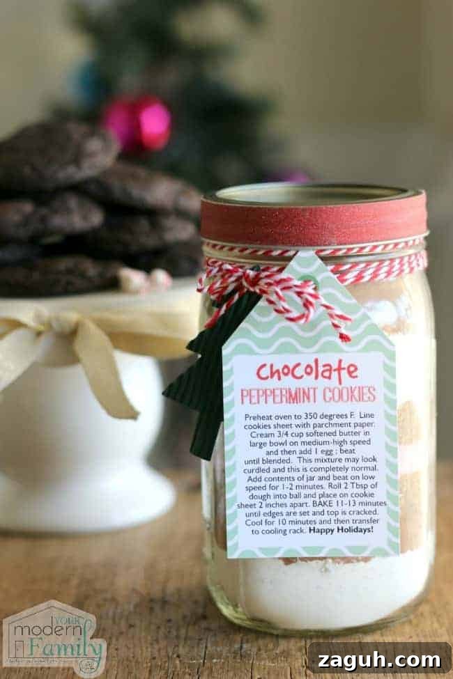A decorated jar of Chocolate Peppermint Cookie Mix.