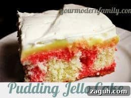 A piece of pudding jello cake on a plate with text below it.