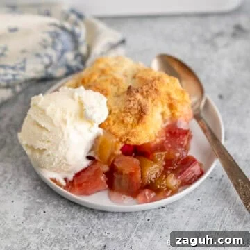 Rhubarb Cobbler with vanilla ice cream on a plate with a spoon.