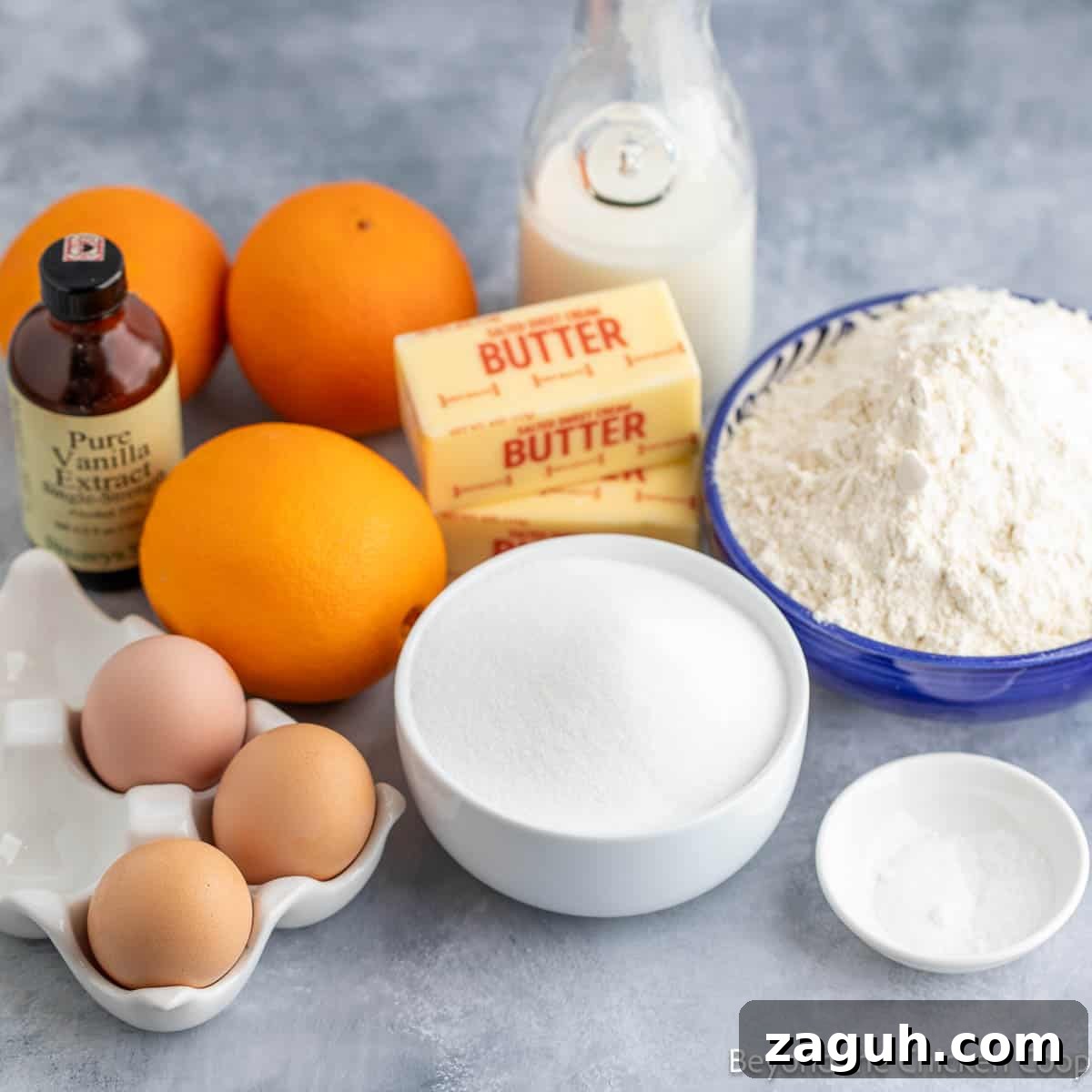 Moist Orange Pound Cake Recipe with Zesty Citrus Glaze 3 Ingredients for making an orange pound cake.
