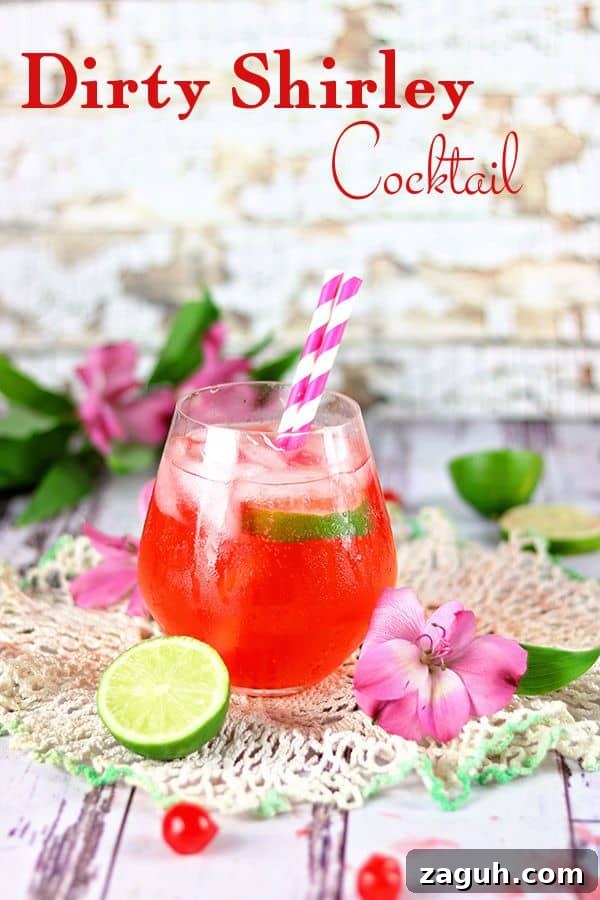 Dirty Shirley Cocktail Recipe with Vanilla Vodka — Adult Party Drink 2 A red cocktail with pink striped straws in it sits on a lace topped table. Text says "Dirty Shirley Cocktail"