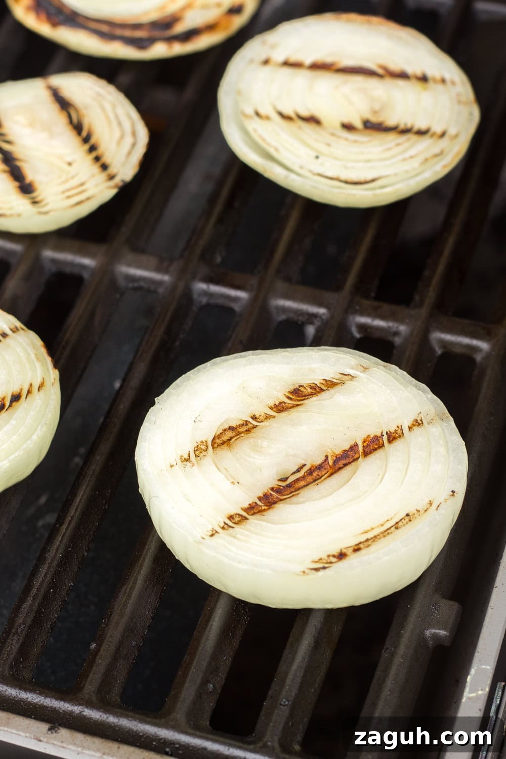 Grilled Onions Recipe: Whole30, Paleo & Gluten-Free Side Dish 8 Slices of grilled onions on the grill grates.