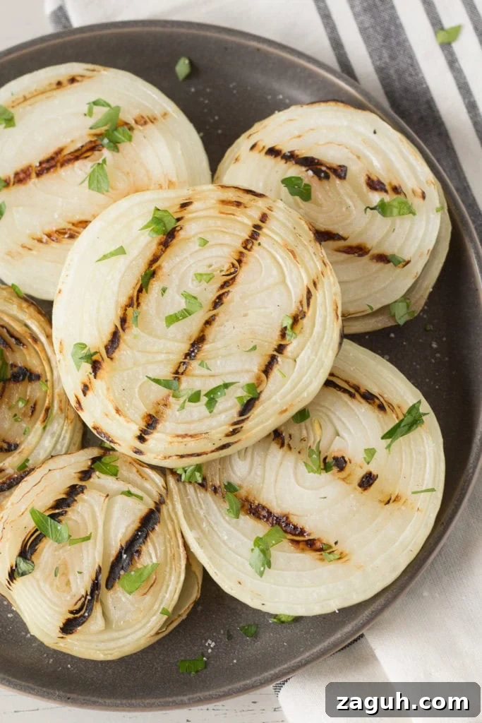Grilled Onions Recipe: Whole30, Paleo & Gluten-Free Side Dish 9 Top down shot of grilled onions on a gray plate sprinkled with salt and chopped fresh parsley.