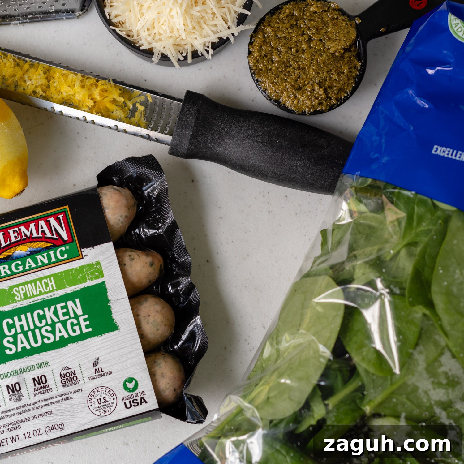 Quick Chicken Sausage Pesto Pasta with Spinach & Cherry Tomatoes 3 ingredients for chicken sausage pasta.