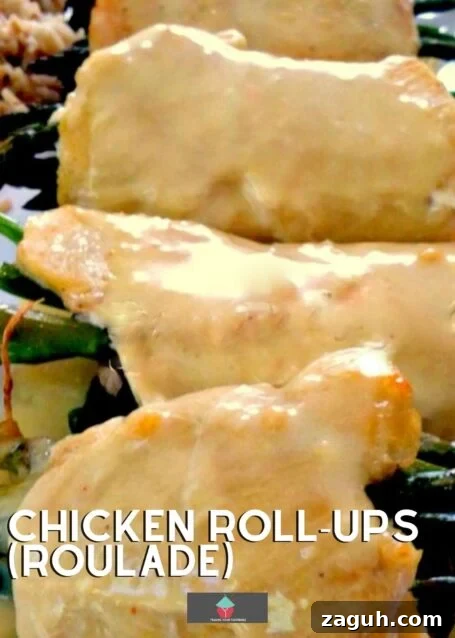 Stuffed Chicken Roulade Roll-Ups: Savory Dinner Recipe 2 Chicken Roll-Ups (roulade), tender pieces of chicken filled with spinach, asparagus, mushrooms, and cheese then rolled and baked, and served with a creamy Hollandaise sauce and easy mushroom pilaf rice.