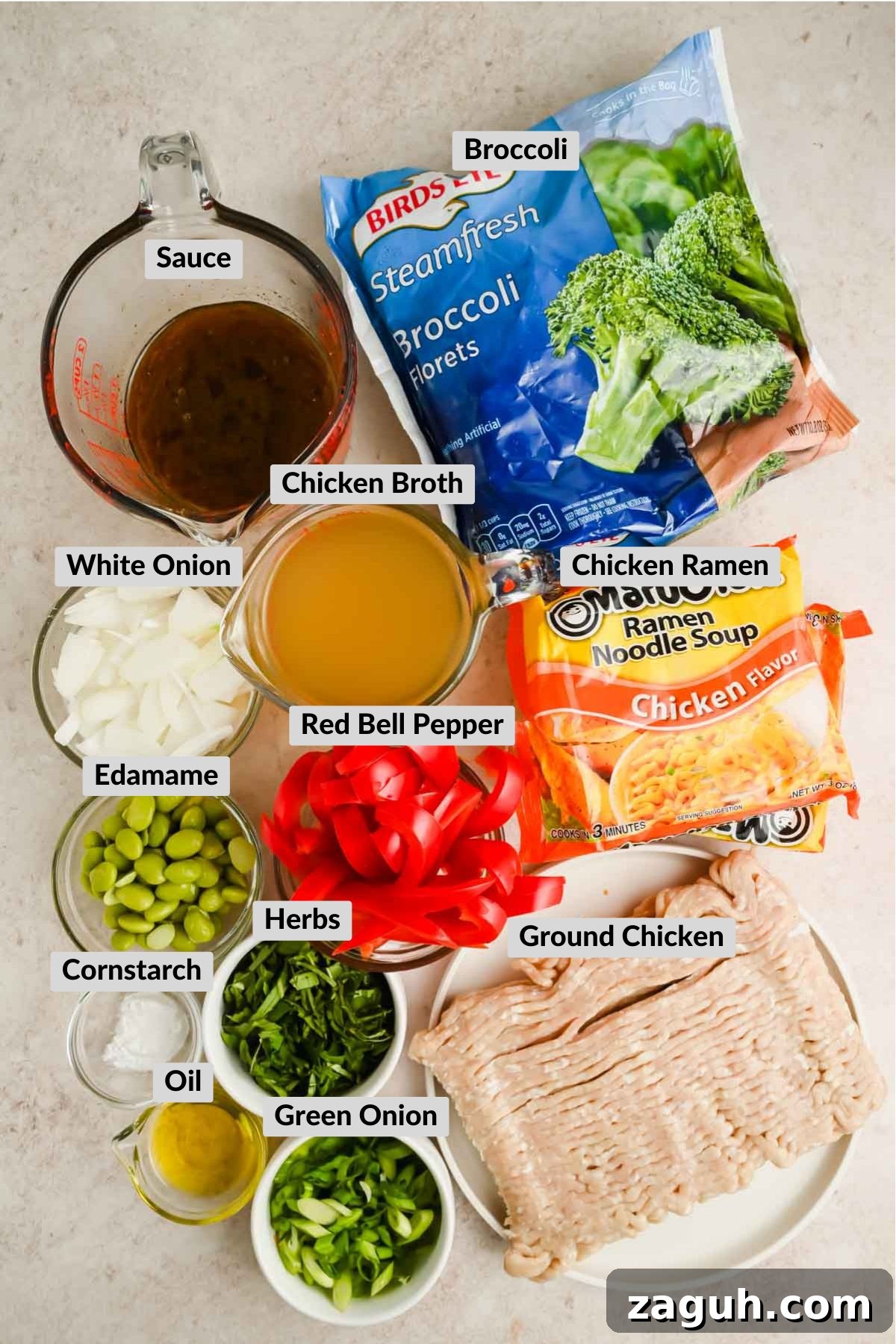ingredients for upgraded ramen in individual bowls.