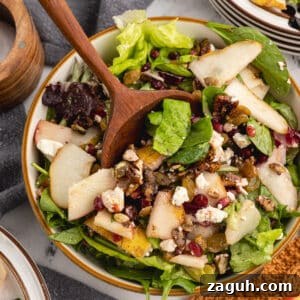 Pomegranate, Pear & Candied Pepita Salad with Citrus Vinaigrette 14 salad with pears, pomegranate seeds, and golden raisins on top.