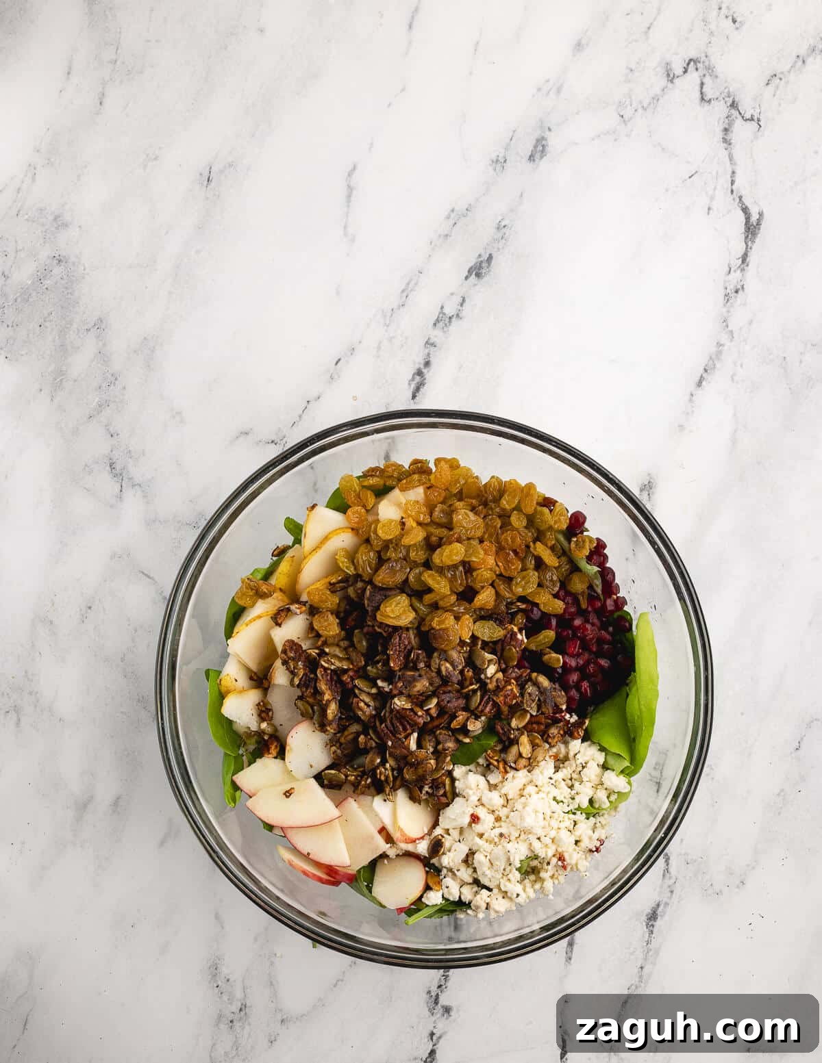 Pomegranate, Pear & Candied Pepita Salad with Citrus Vinaigrette 10 mixed greens, golden raisins, feta cheese, apples, and candied pepitas in a bowl.