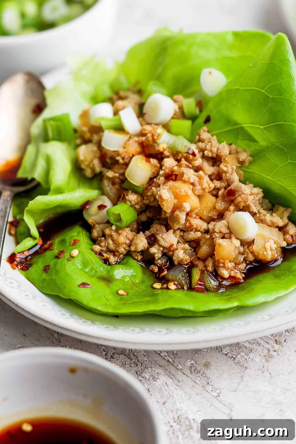 Savory Chicken Lettuce Wraps with Asian Hoisin Sauce 10 A chicken lettuce wrap on a plate.