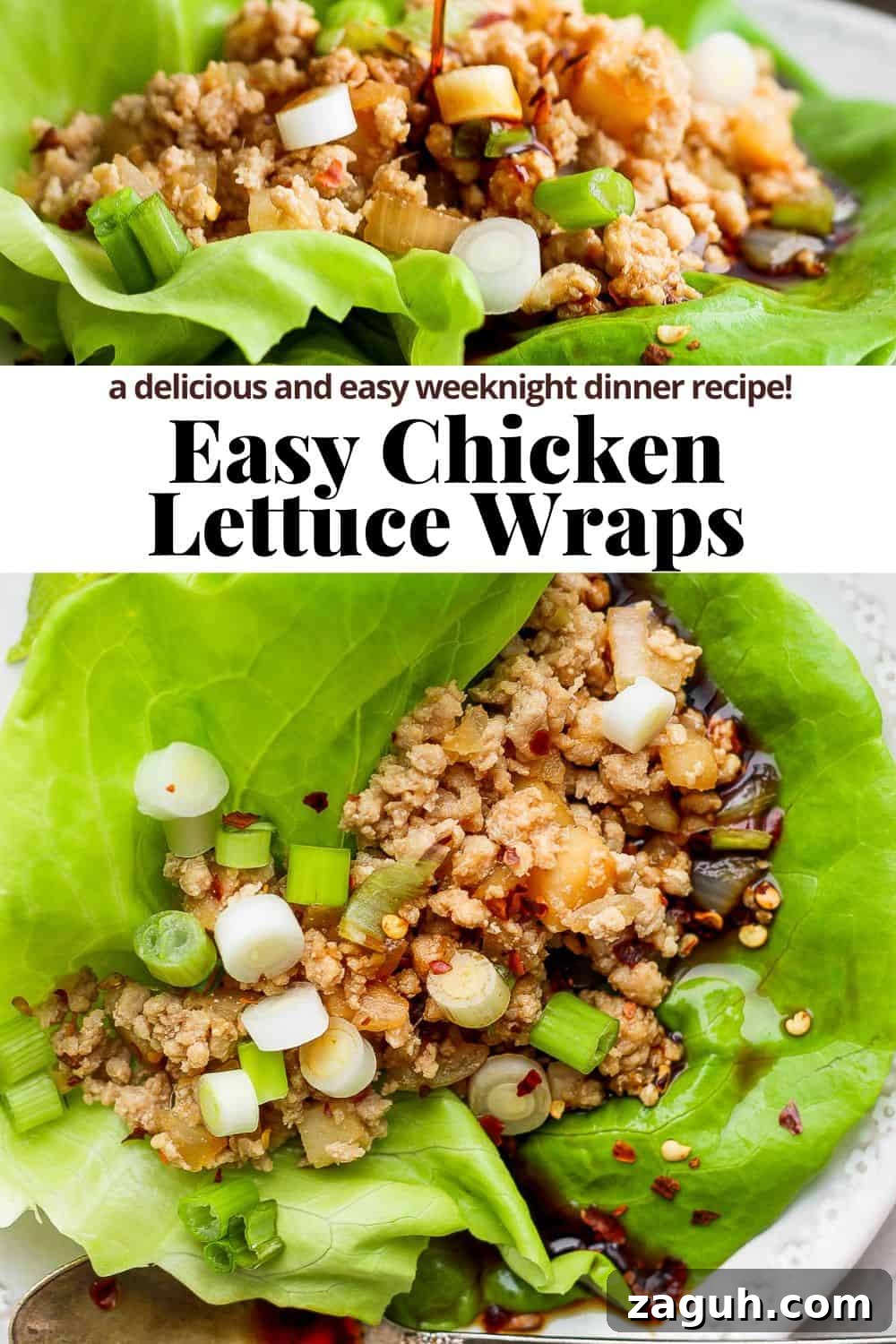 Savory Chicken Lettuce Wraps with Asian Hoisin Sauce 11 Pinterest image for chicken lettuce wraps.
