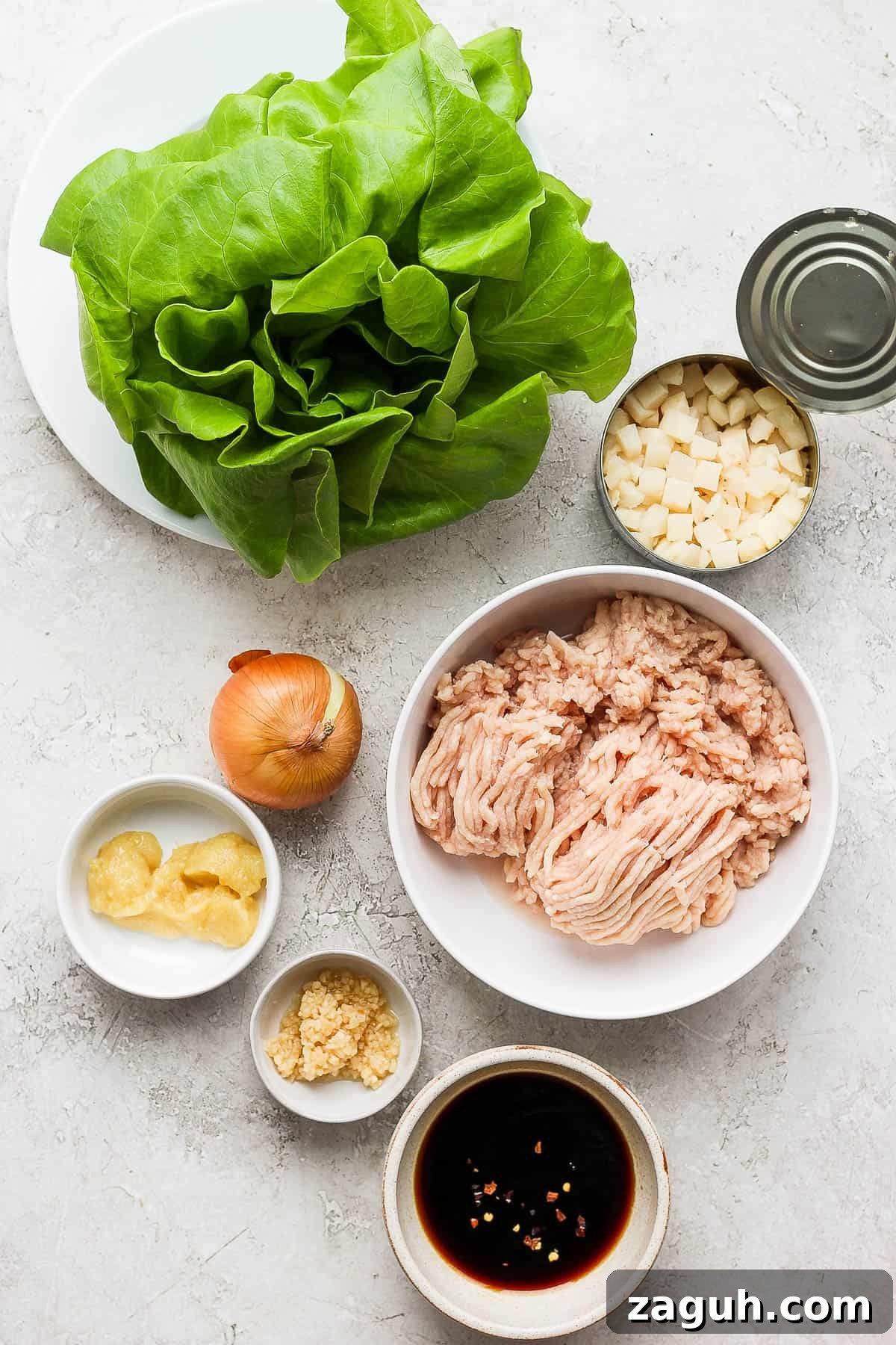 Savory Chicken Lettuce Wraps with Asian Hoisin Sauce 3 The ingredients for chicken lettuce wraps in separate dishes.