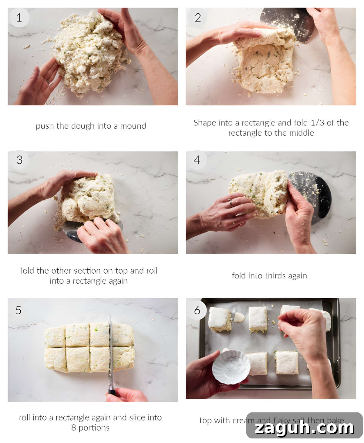 Six photos showing how to make flaky onion biscuits with cheese.