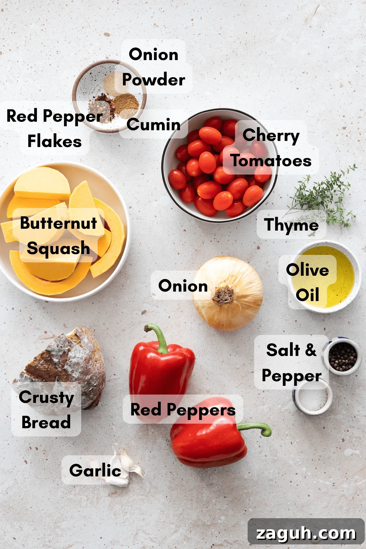 Roasted Butternut Squash and Red Pepper Soup Recipe 3 Ingredients for Butternut Squash and Roasted Red Pepper Soup in small bowls.