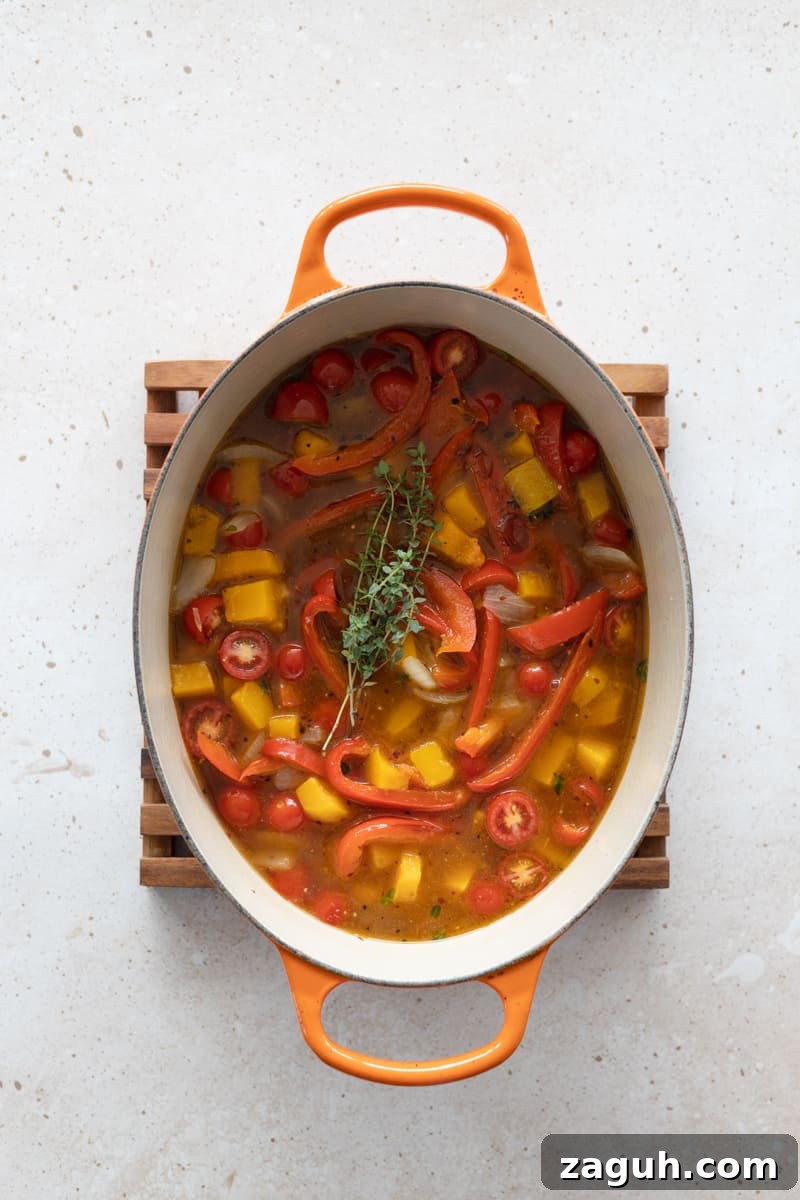 Roasted Butternut Squash and Red Pepper Soup Recipe 6 All soup ingredients in the soup pot.