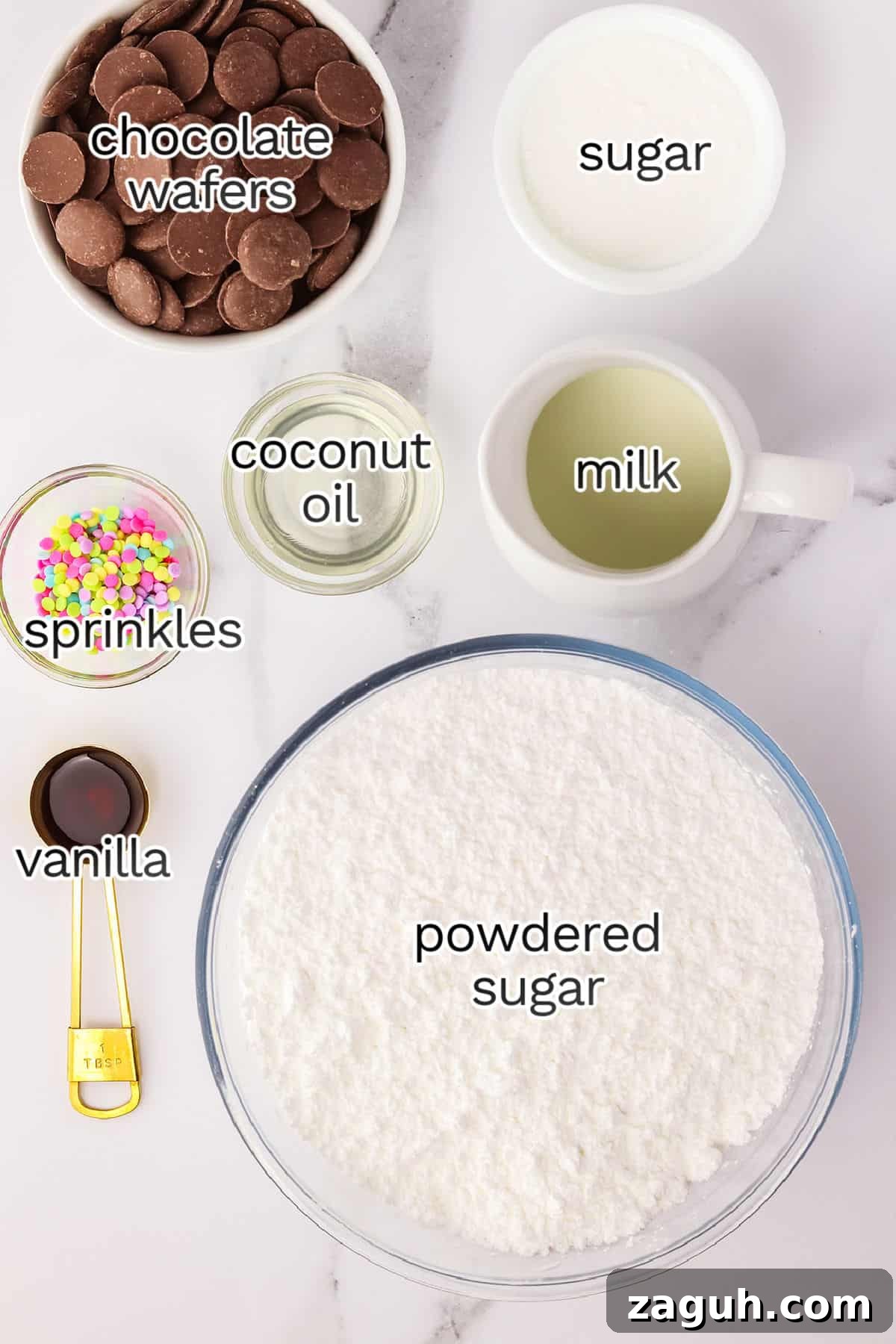 How to Make Copycat Cadbury Creme Egg Candy at Home 3 Ingredients for baking arranged neatly with labels: chocolate wafers, sugar, coconut oil, milk, sprinkles, vanilla, powdered sugar and Easter Candy.