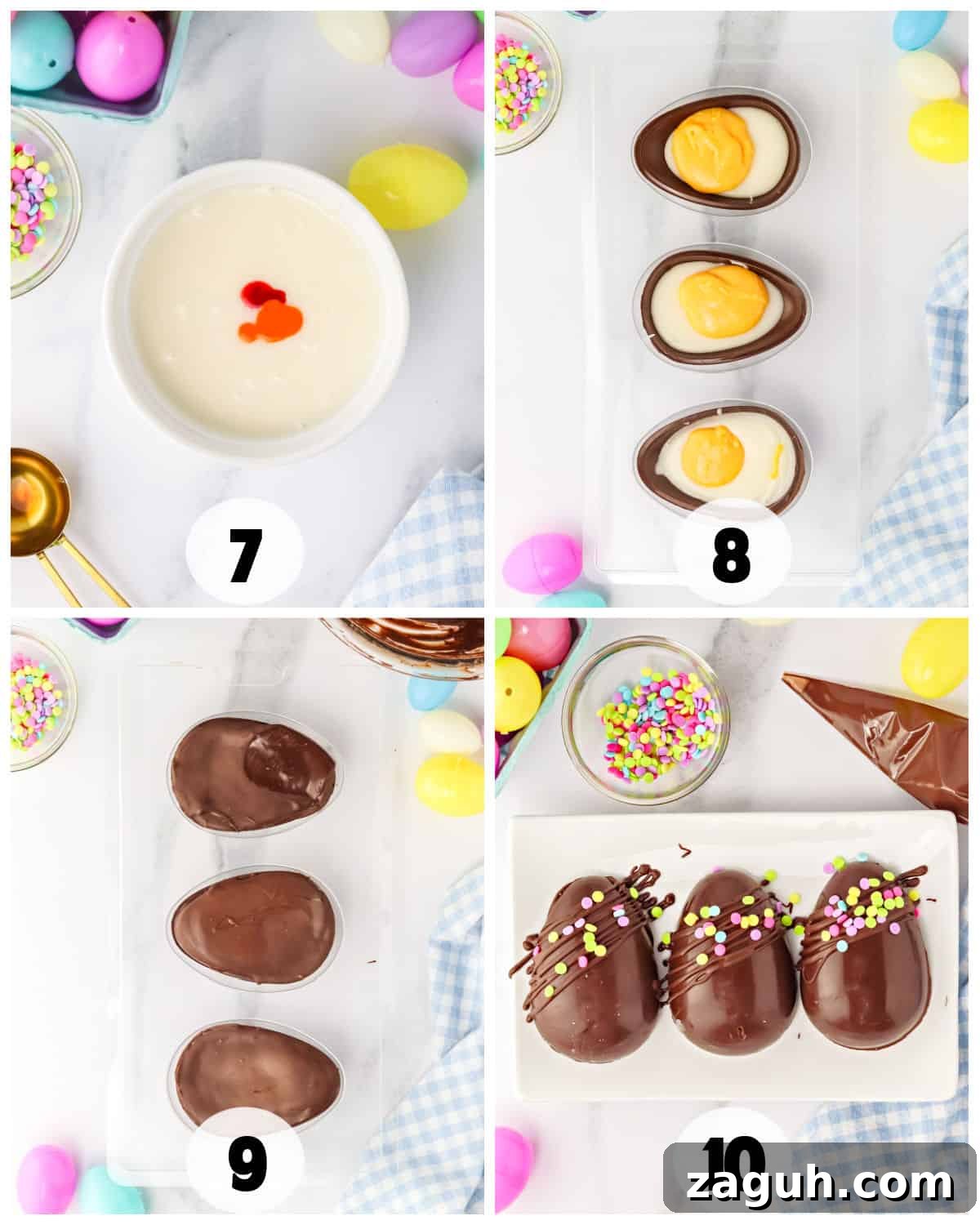 How to Make Copycat Cadbury Creme Egg Candy at Home 10 Step-by-step process of making chocolate Easter eggs with decorative toppings on a marble surface surrounded by colorful Copycat Candy.