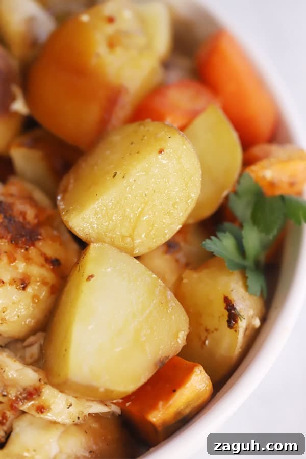 Roast chicken recipe with potatoes in a bowl.